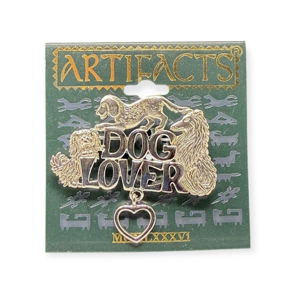 Artifacts JJ Dog Lover Pin Brooch Dogs Heart Charm Silver Tone1986 NEW Vintage